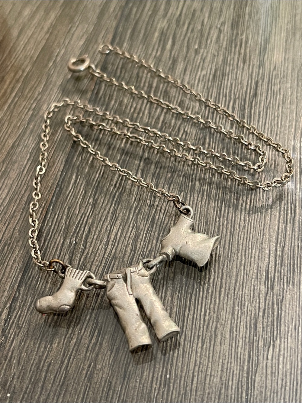 Vintage Clothesline Necklace Pewter Color - Sock, Jeans, T-Shirt Charms, Laundry